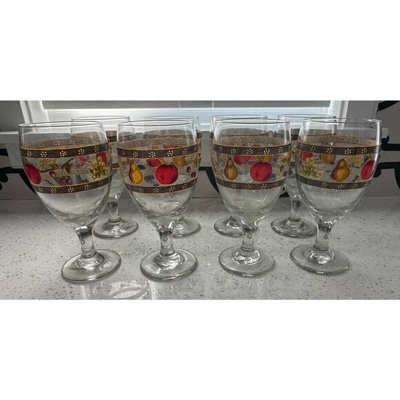 Set Of 8 Vintage Country Orchard 12 Ounce Water/wine Goblets By Block - Picture 2 of 4
